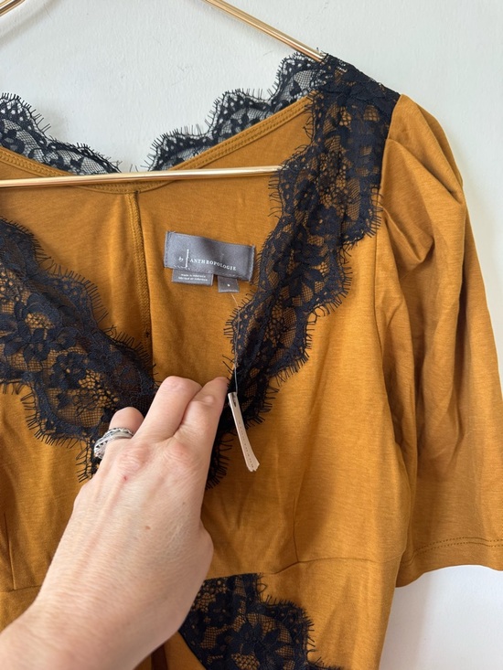 NWT by Anthropologie Mustard Gold and Black Lace Puff Sleeve Top S - Picture 6 of 8